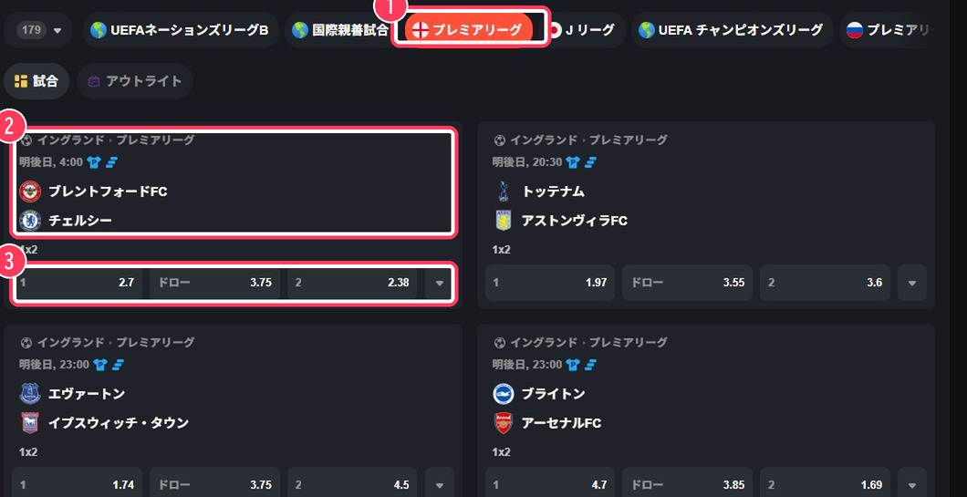 プレミアリーグの試合一覧。ブレントフォードFC対チェルシーのカードと1x2のオッズ2.7・3.75・2.38